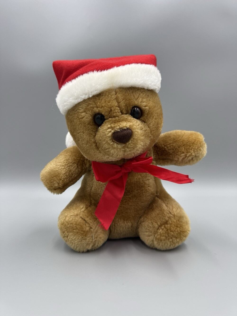 Vintage Christmas Brown Teddy Bear Plush 8” Stuffed Animal Red Santa Hat Bow